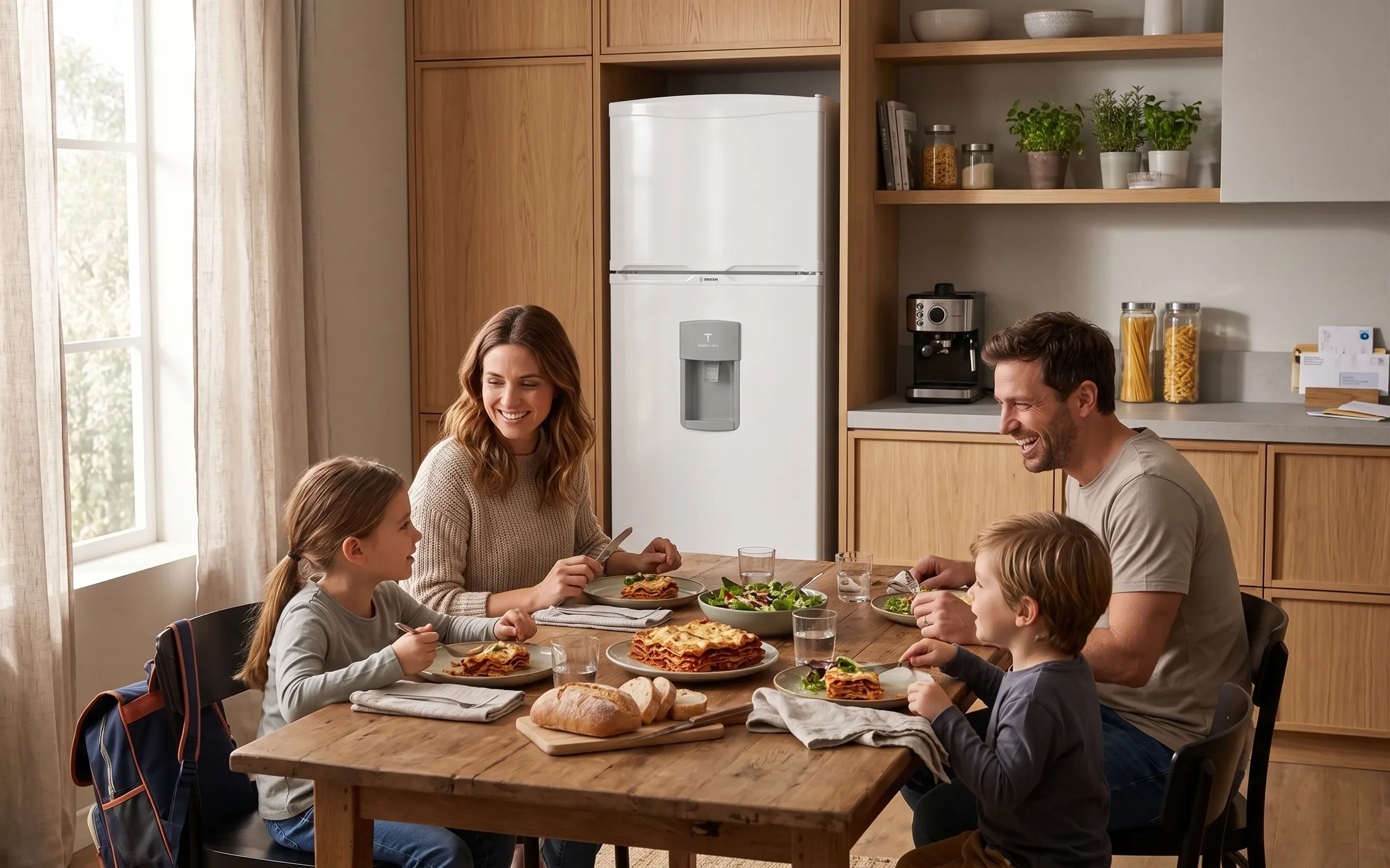 Familia reunida en una cocina con heladera Bambi