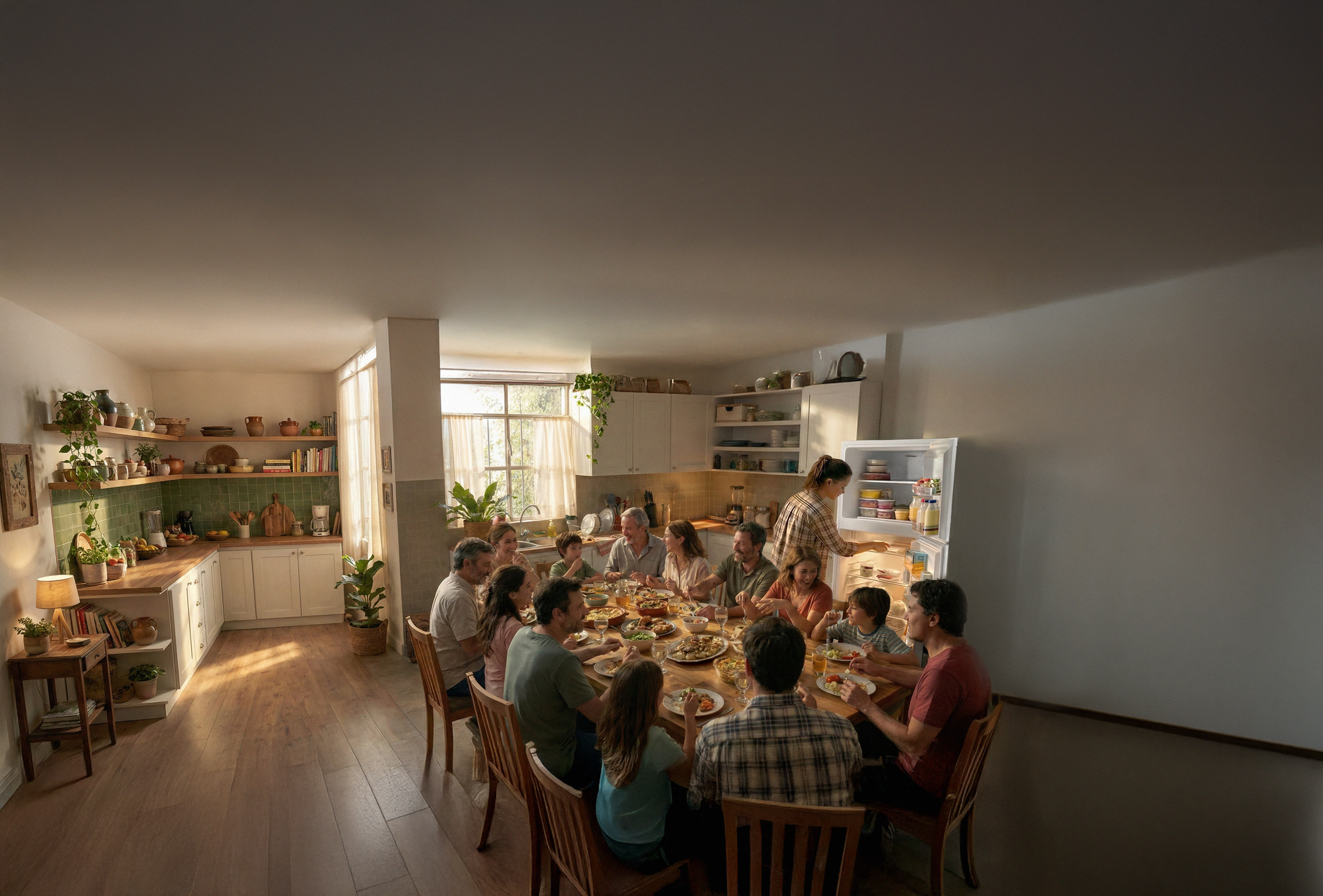 Familia reunida en la cocina con productos Bambi